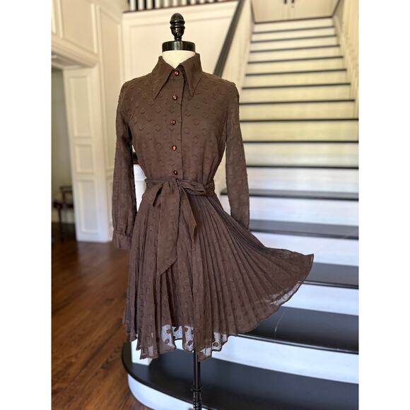 Vintage 60s Brown Voile Pleated Dress Mod Groovy Indie Alternative Punk Festival - Picture 2 of 14